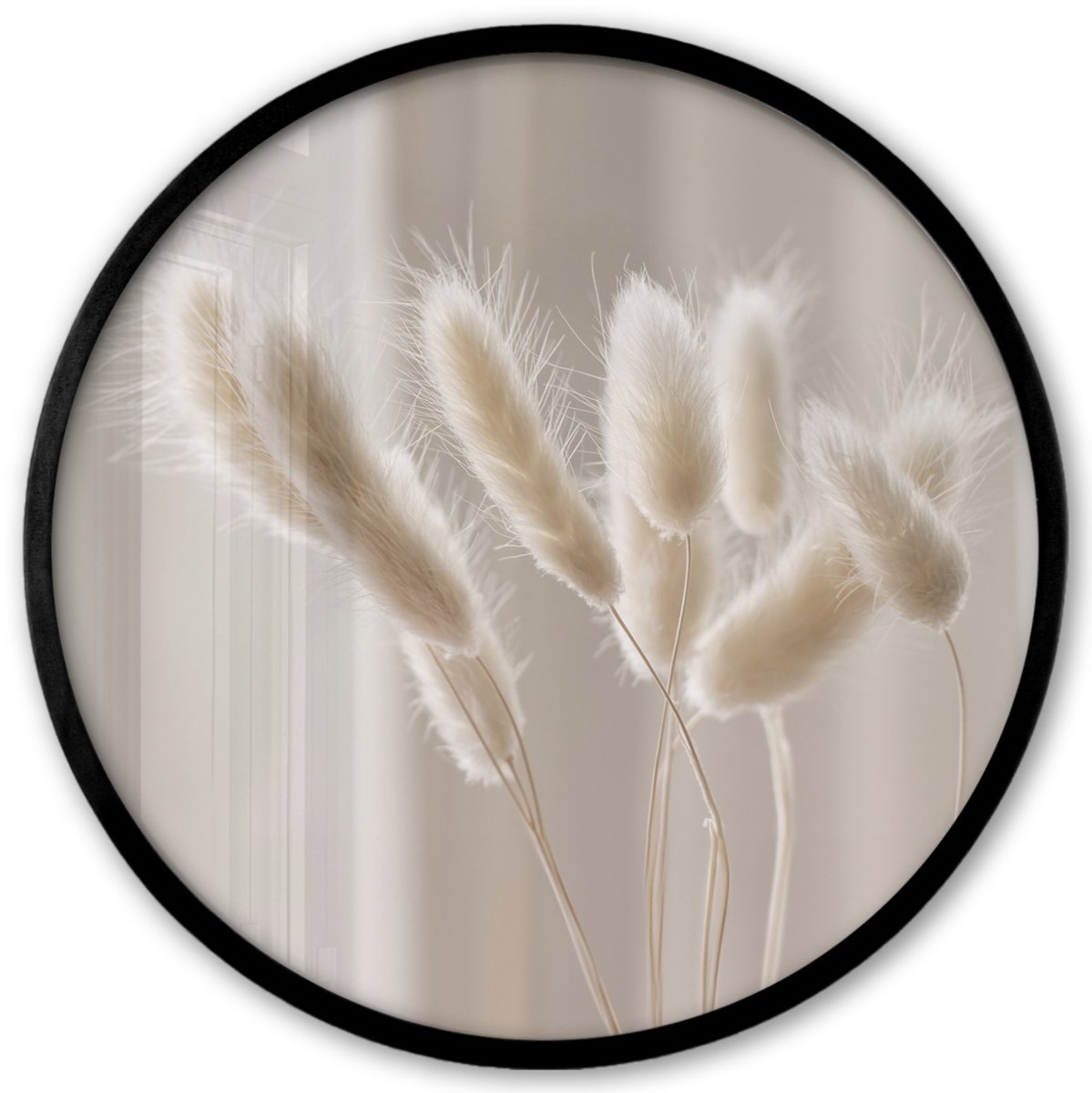 FrameYourWall Poster in lijst Rond - Fotolijst 40x40 cm - Posters - Pampasgras - Pluim - Wit - Ronde posterlijst zwart - Decoratie - Wanddecoratie woonkamer - Muurdecoratie slaapkamer Pluimen