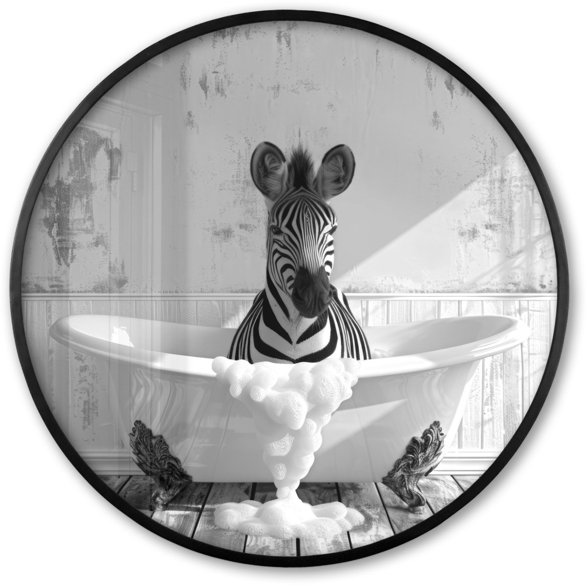 FrameYourWall Poster in lijst Rond - Fotolijst 60x60 cm - Posters - Zebra - Wilde dieren - Vintage - Zwart - Wit - Ronde posterlijst zwart - Decoratie - Wanddecoratie woonkamer - Muurdecoratie slaapkamer Zebra - Badkuip