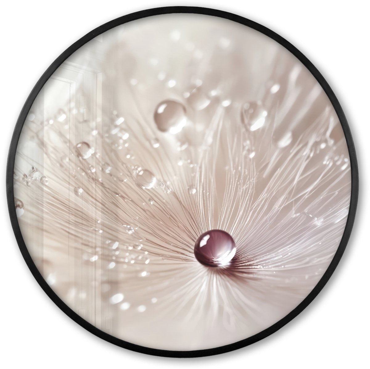 FrameYourWall Poster in lijst Rond - Fotolijst 80x80 cm - Posters - Bloem - Abstract - Wit - Water - Natuur - Ronde posterlijst zwart - Decoratie - Wanddecoratie woonkamer - Muurdecoratie slaapkamer Paardenbloem - Abstract
