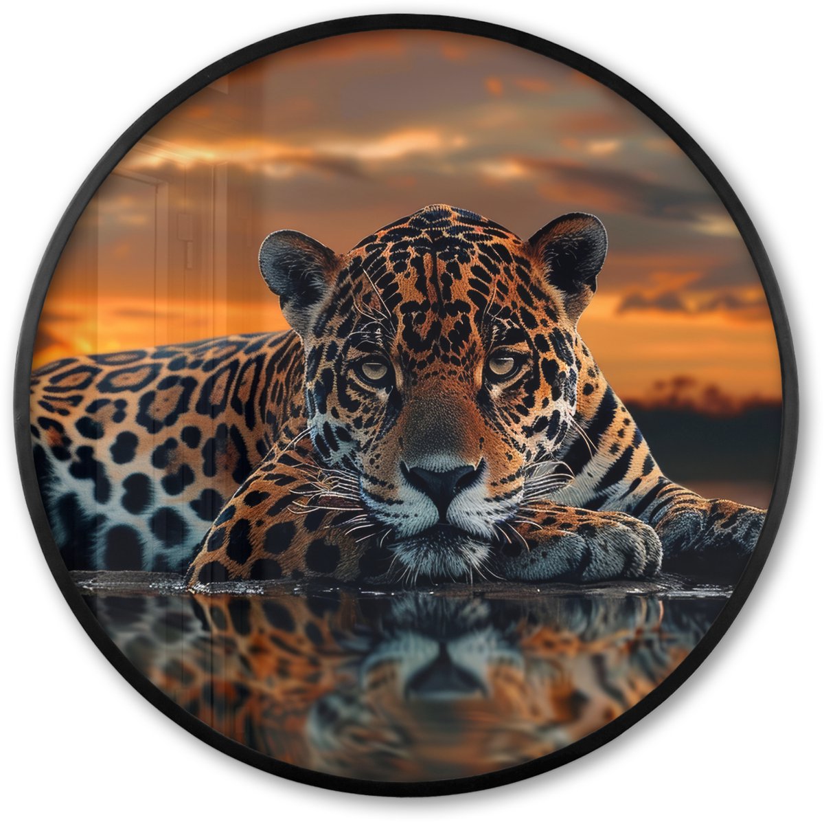 FrameYourWall Poster in lijst Rond - Fotolijst 60x60 cm - Posters - Natuur - Luipaard - Dier - Zonsondergang - Modern - Ronde posterlijst zwart - Decoratie - Wanddecoratie woonkamer - Muurdecoratie slaapkamer