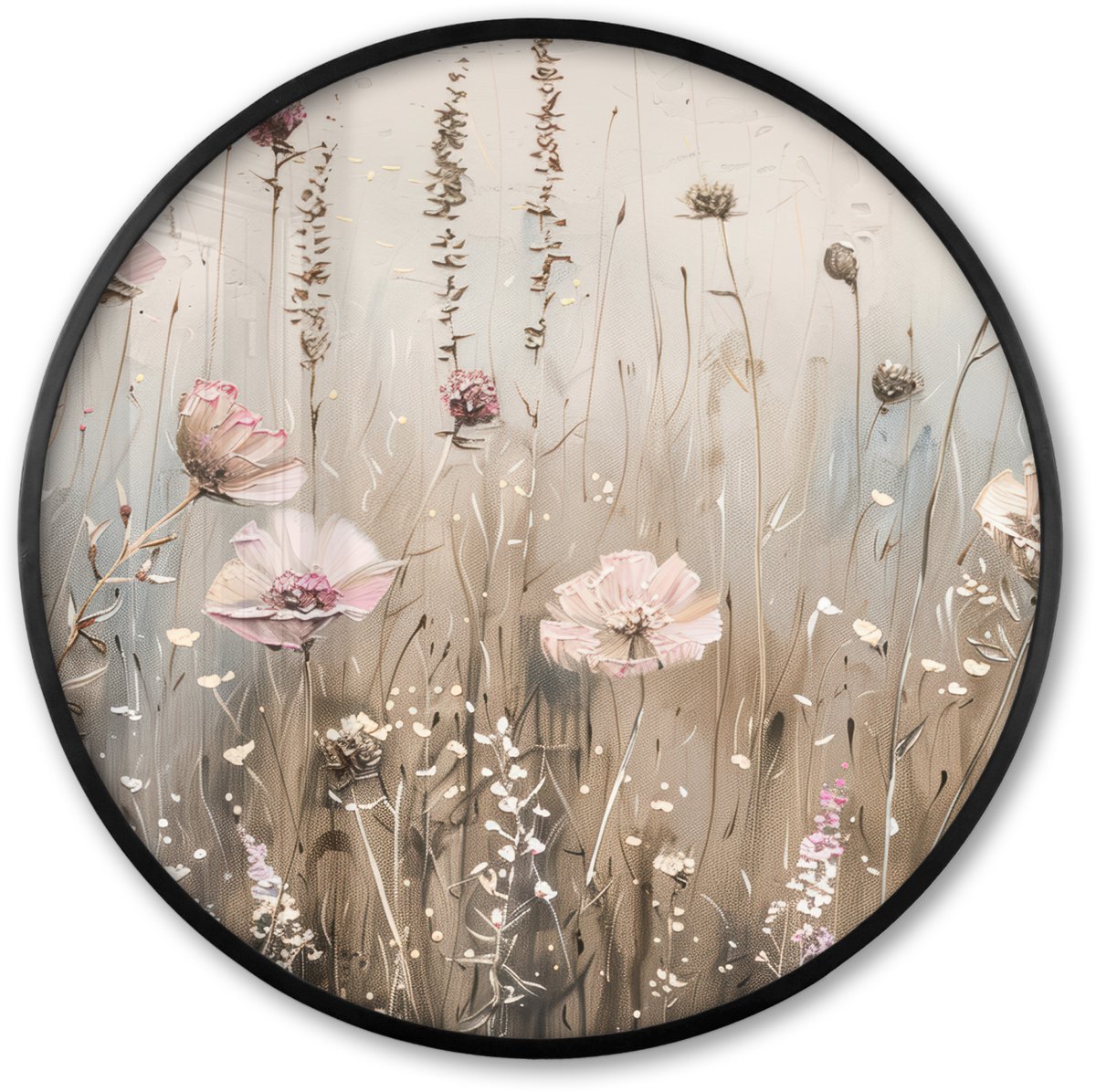 FrameYourWall Poster in lijst Rond - Fotolijst 60x60 cm - Posters - Bloemen - Roze - Modern - Beige - Ronde posterlijst zwart - Decoratie - Wanddecoratie woonkamer - Muurdecoratie slaapkamer Bloemen - Modern