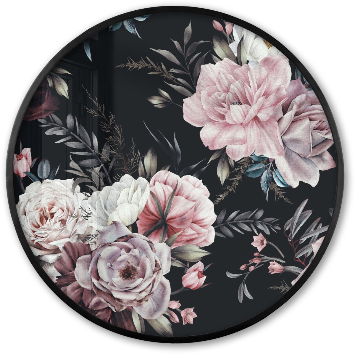 FrameYourWall Poster in lijst Rond - Fotolijst 80x80 cm - Posters - Vintage - Rozen - Romantisch - Bloemen - Ronde posterlijst zwart - Decoratie - Wanddecoratie woonkamer - Muurdecoratie slaapkamer