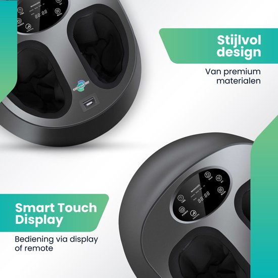 Close-up van de bedieningsknoppen en het display van de voetmassager. "Stijlvol design Van premium materialen" en "Smart Touch Display Bedening via display of remote".