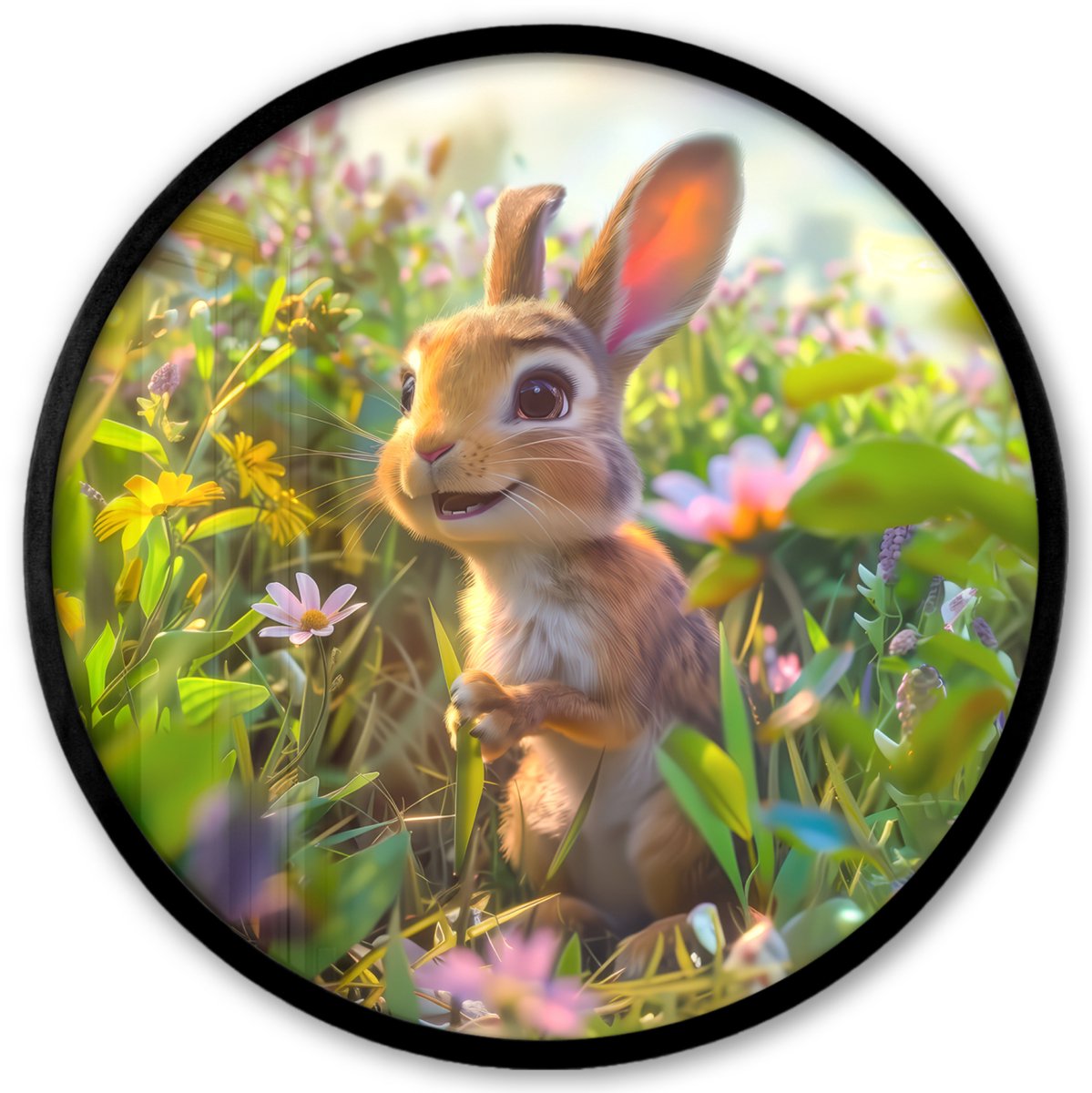 FrameYourWall Poster in lijst Rond - Fotolijst 40x40 cm - Posters - Konijn - Dieren - Natuur - Ronde posterlijst zwart - Decoratie - Wanddecoratie woonkamer - Muurdecoratie slaapkamer