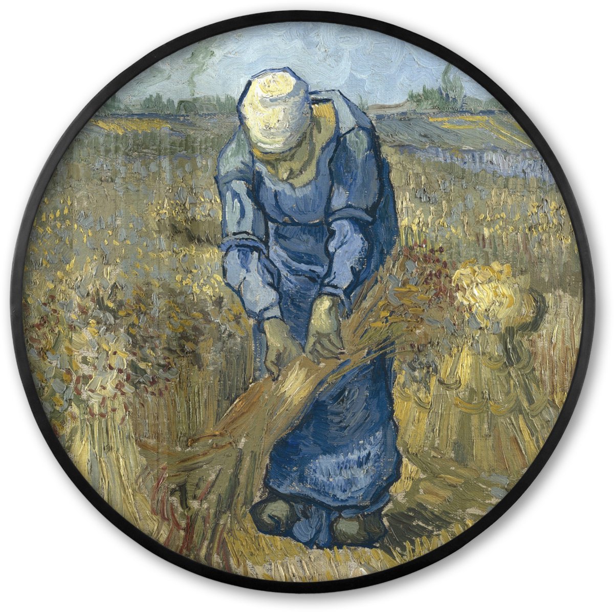 FrameYourWall Poster in lijst Rond - Fotolijst 60x60 cm - Posters - De schovenbindster (naar Millet) - Vincent van Gogh - Ronde posterlijst zwart - Decoratie - Wanddecoratie woonkamer - Muurdecoratie slaapkamer Multicolor