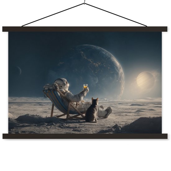 Posterhanger incl. Poster 120x80 cm - Schoolplaat - Maan - Kat - Astronaut - Ruimte - Textielposter - Zwarte latten
