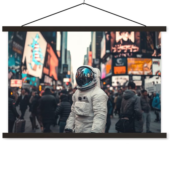 Posterhanger incl. Poster 150x100 cm - Schoolplaat - Stad - Mensen - Astronaut - Wit - Textielposter - Zwarte latten