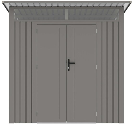 Rockford Porto 200 metalen tuinhuis met lessenaarsdak - Tuinschuur met centraal slot, polycarbonaat ramen en regenpijpen - 232 x 254 cm - Grijs