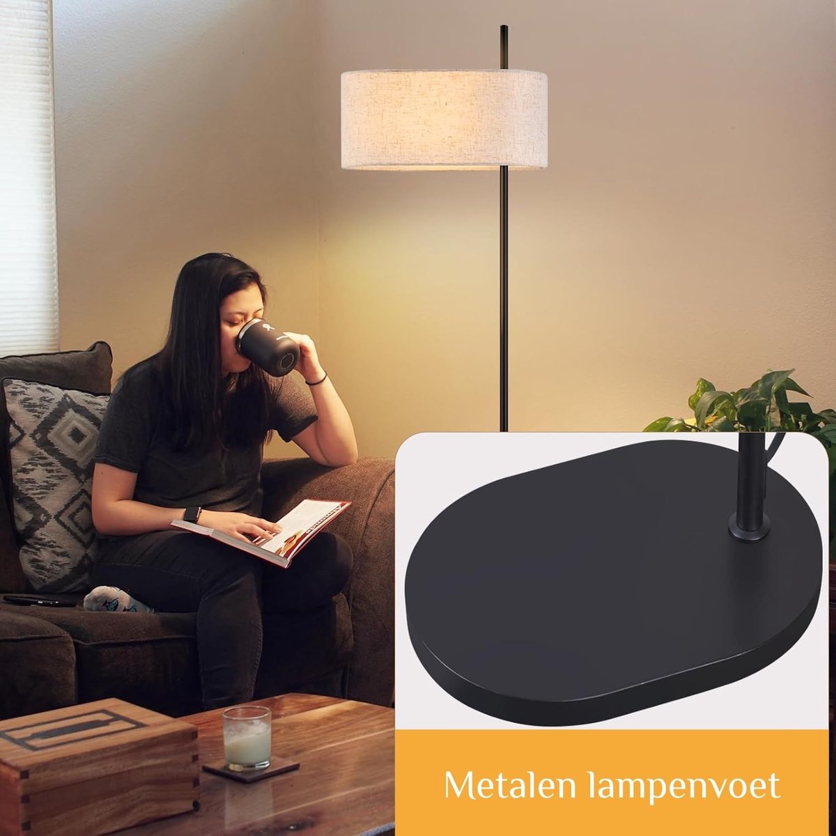 Glitzerlife Vloerlamp Zwart Vintage Retro Industrieel - Met Stoffen Kap E27 Fitting - Leeslamp met Voetschakelaar - Exclusief Lichtbron - Voor Woonkamer, Slaapkamer, Werkkamer & Kantoor thumbnail 2