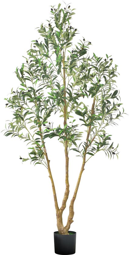 Olivier artificiel avec des feuilles vertes et des olives dans un pot noir.