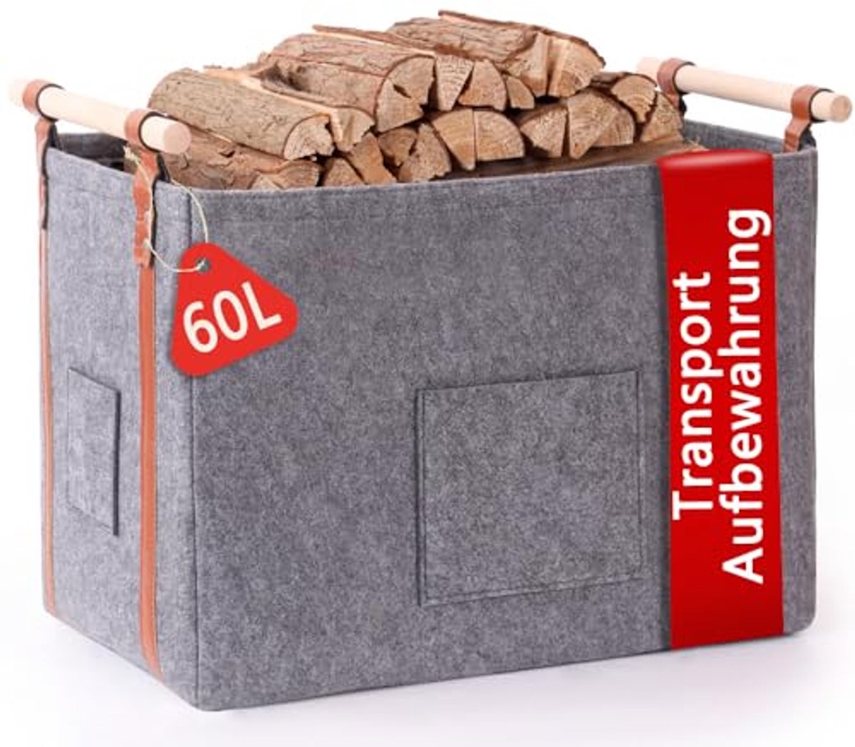 XXL houten mand voor haardhout - 60 liter, vilten tas met houten handvat voor opslag en transport