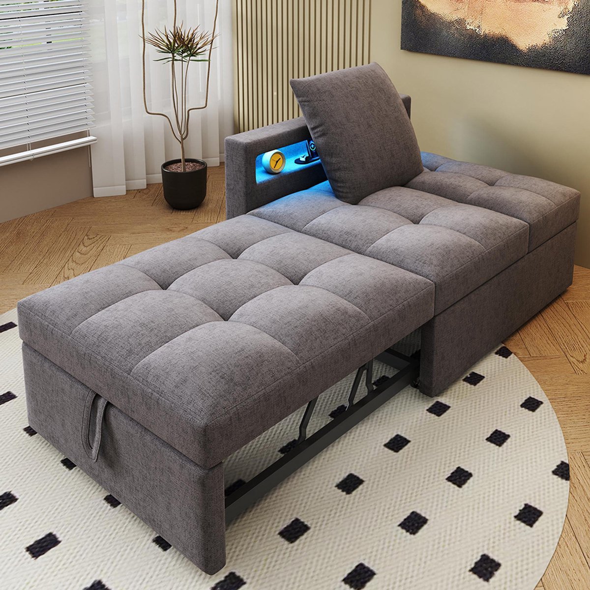 Pugsdrly 3-in-1 gestoffeerde slaapbank Multifunctionele slaapbank, linnen bank met verstelbare rugleuning, armleuningen voorzien van led-verlichting en USB/Type-C-poorten, slaapbank voor kleine ruimtes