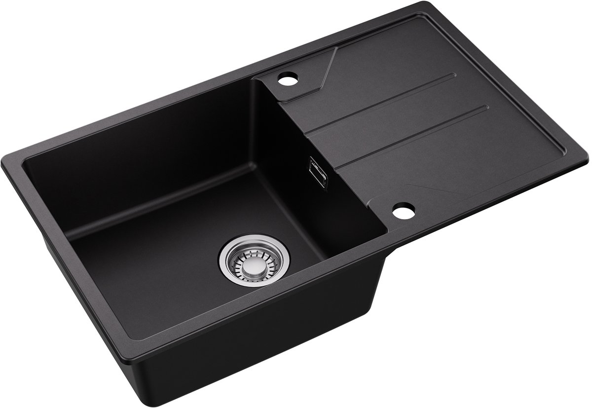 DERW MAX Granieten Spoelbak voor keuken 78x45cm - Enkele Spoelbakken - Onderbouw Spoelbak Antraciet - Met Planchet en Waterafvoersysteem - Voor 60 cm Kast