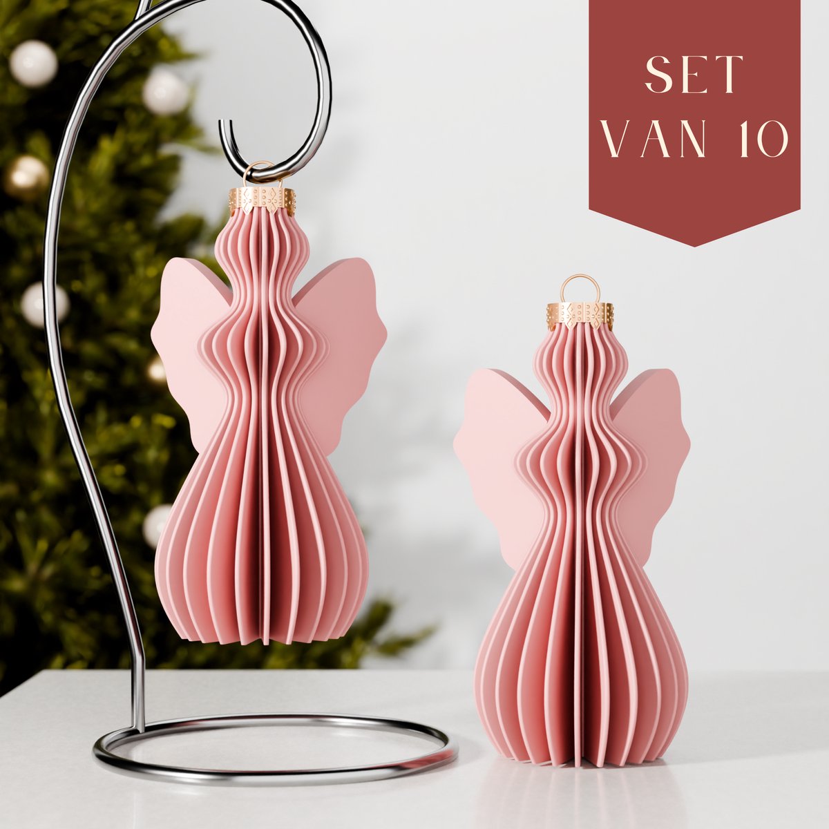 Fleuriek – Luxe kerstbal engel - Roze, 10 stuks - Onbreekbare plastic kerstornamenten – Engelvormige kerstballen, kerstversiering en kerstboomdecoratie, Matte afwerking
