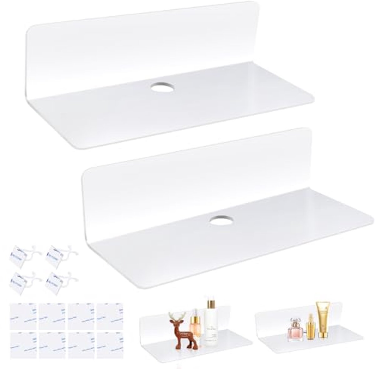 Wandrek zonder boren - Set van 2 Witte zwevende wandplanken voor badkamer, woonkamer, slaapkamer, keuken en kantoor