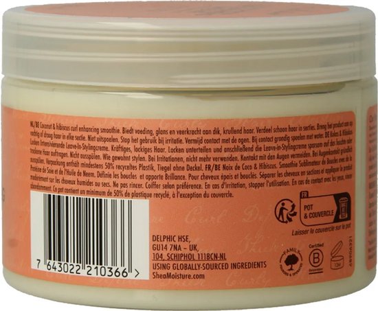Achterkant van de pot Shea Moisture Coconut & Hibiscus Curl Enhancing Smoothie, in het Nederlands en Frans.