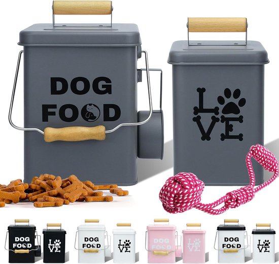 Set van twee metalen hondenvoercontainers, één met "DOG FOOD" en één met "LOVE" tekst. Verkrijgbaar in grijs, zwart, wit en roze.