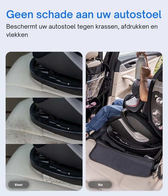 NOVOB® Autostoel Beschermer - Organizer voor Kinderen - Inclusief 2 Auto Onderzetters - Antislip Hoes - Isofix Geschikt - Met Zijflappen en Opbergvakken - Zwart van NOVOB — afbeelding 3