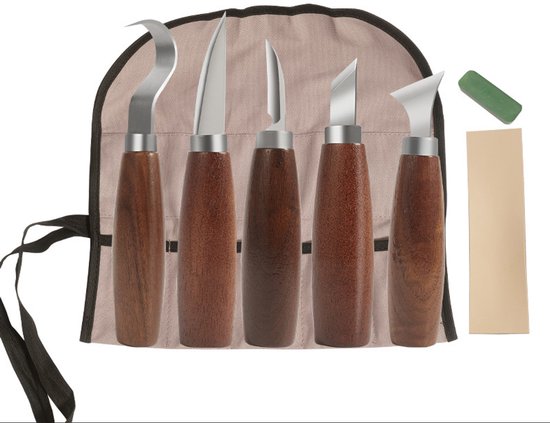 Foto: Professionele houtsnijset 5 delig houtgutsen met carbonstaal bladen en walnoten handvatten voor figurensnijden en meubelrestauratie 34 40g incl slijpaccessoires