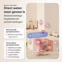 Diagram van een huis met meerdere gekoppelde X-Sense rookmelders. Rode cirkels tonen de verspreiding van rook en een gesproken waarschuwing: "Waarschuwing! Rook in de woonkamer! Verlaat het huis!"