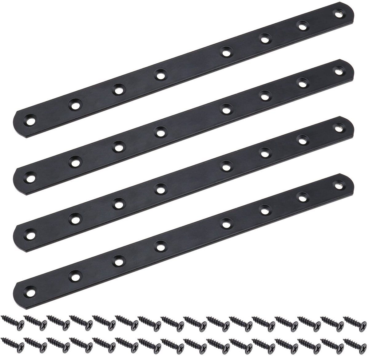 4Pcs Flat Braces Straight Angle Brackets With 32 Screws Metal Fastening Flat Brackets Bar Connector For Repair Fastening Wooden Furniture Bookshelf Table Black