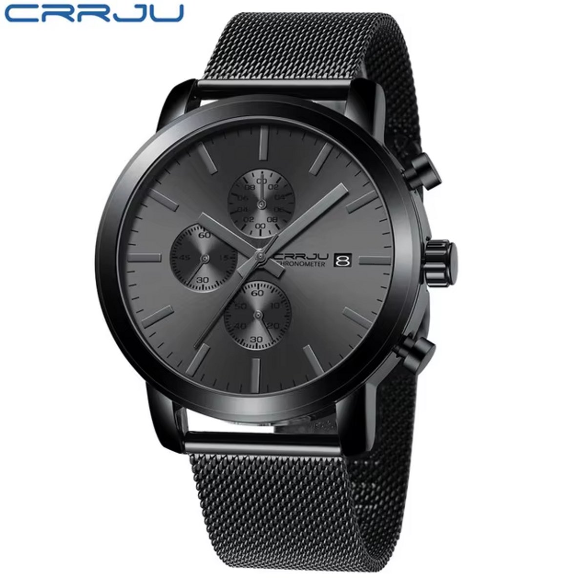 CRRJU Horloge 2287 - Full Black - Heren - Quartz - 42 mm - Ronde Kast - Roestvrijstalen Band - Chronograaf - Dag - Datum - Waterbestendig - Stoer - Minimalistisch - Business