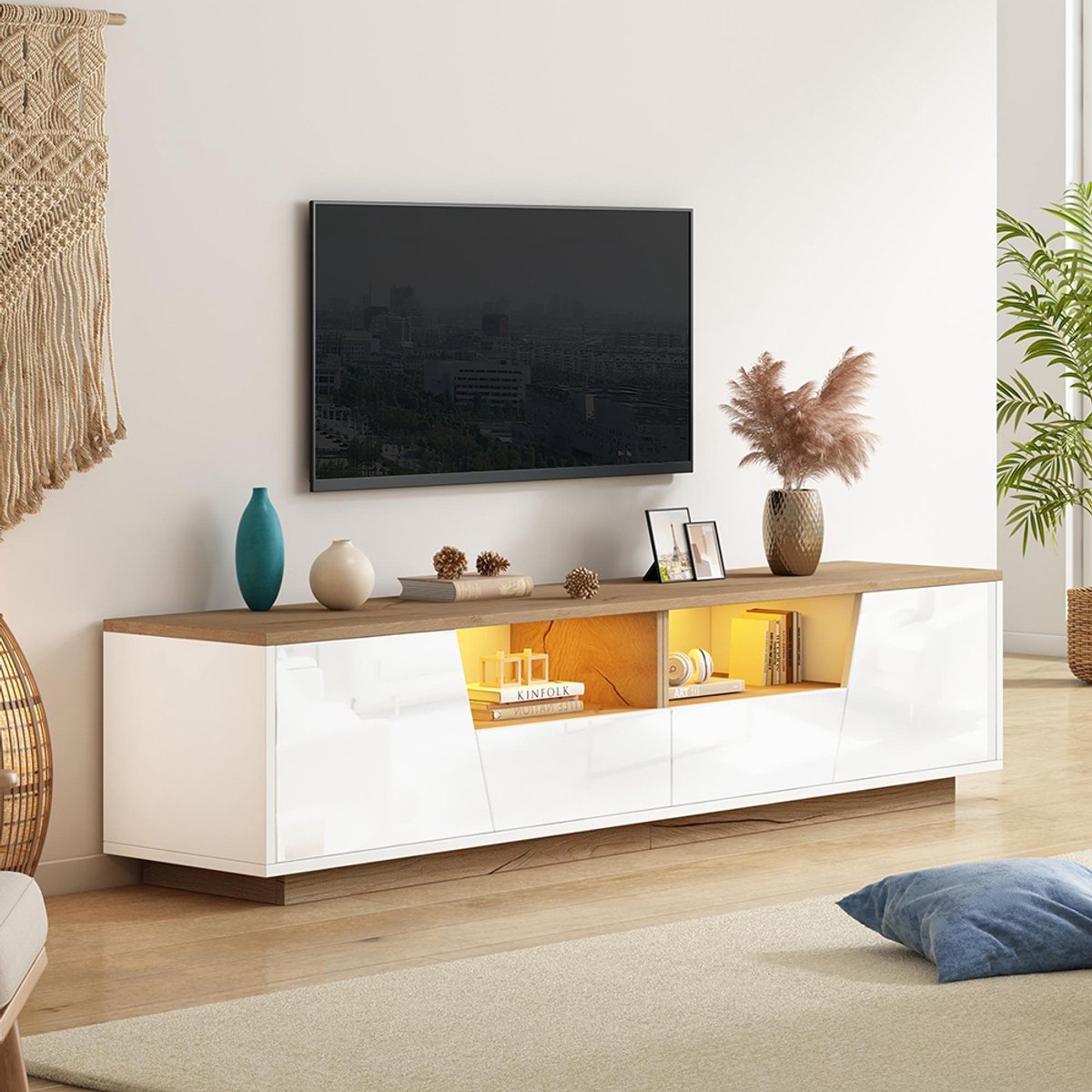 Pugsdrly TV-meubel 180*40*46 cm met 2 lades en 2 kasten, TV-meubel met LED, glanzend ondermeubel en tv-tafel, geschikt voor tv's tot 75 inch, wit + houtkleur