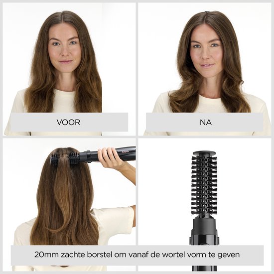 Voor- en nafoto's van haar, met de 20mm zachte borstel in gebruik. '20mm zachte borstel om vanaf de wortel vorm te geven'.