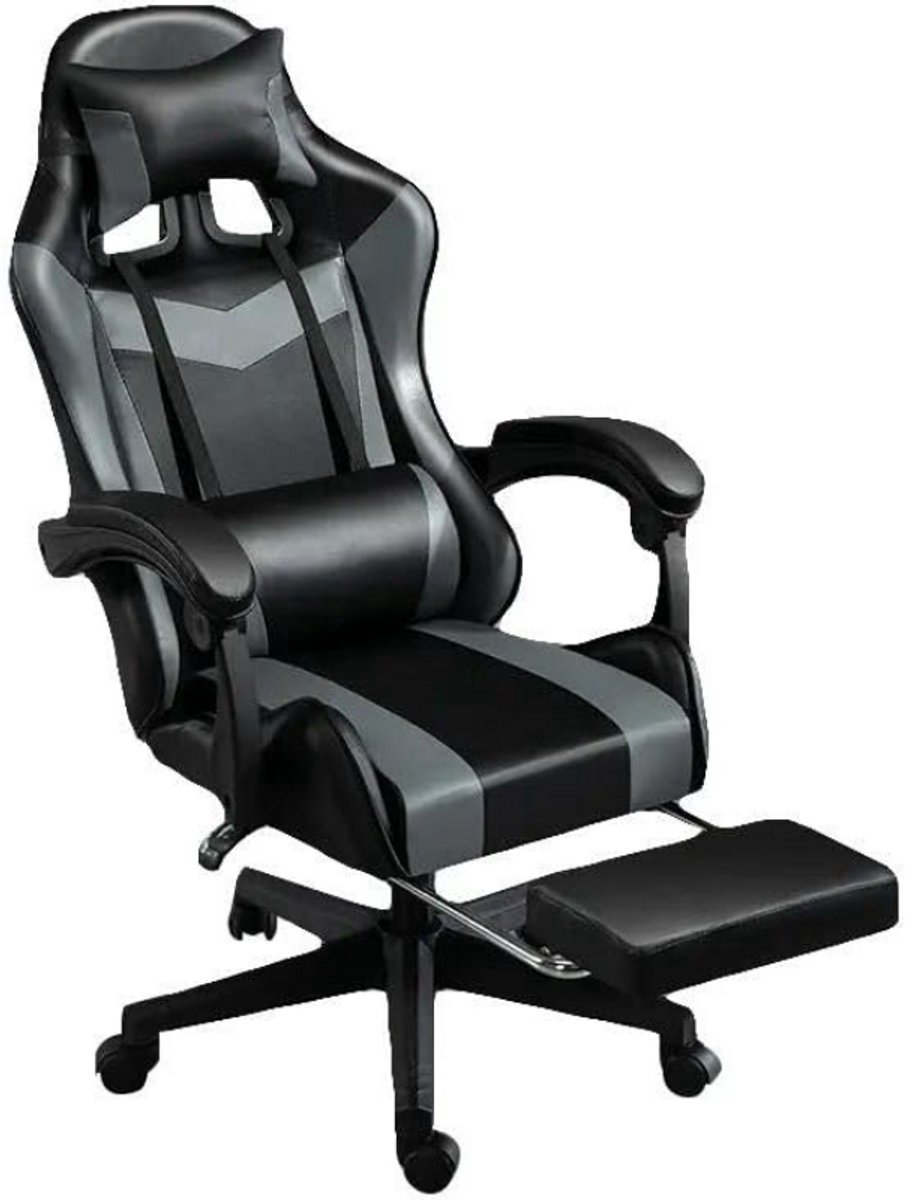 Thuys Gaming Stoel – Bureaustoel Met Kantelbare Rugleuning – Verstelbare Voetsteun En Kussen – Grijs Zwart