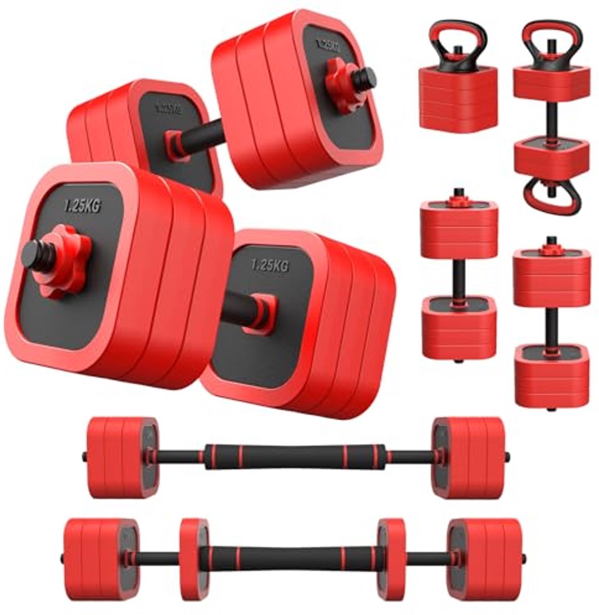 Verstelbare Dumbbell Set 10KG/30KG - 4-in-1 Dumbbells, Barbell, Kettlebell & Push-Up Stand voor Thuisgym