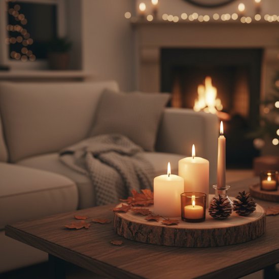 Een decoratieve boomschijf met bast, versierd met herfstbladeren, dennenappels en brandende kaarsen in een woonkamer met open haard.