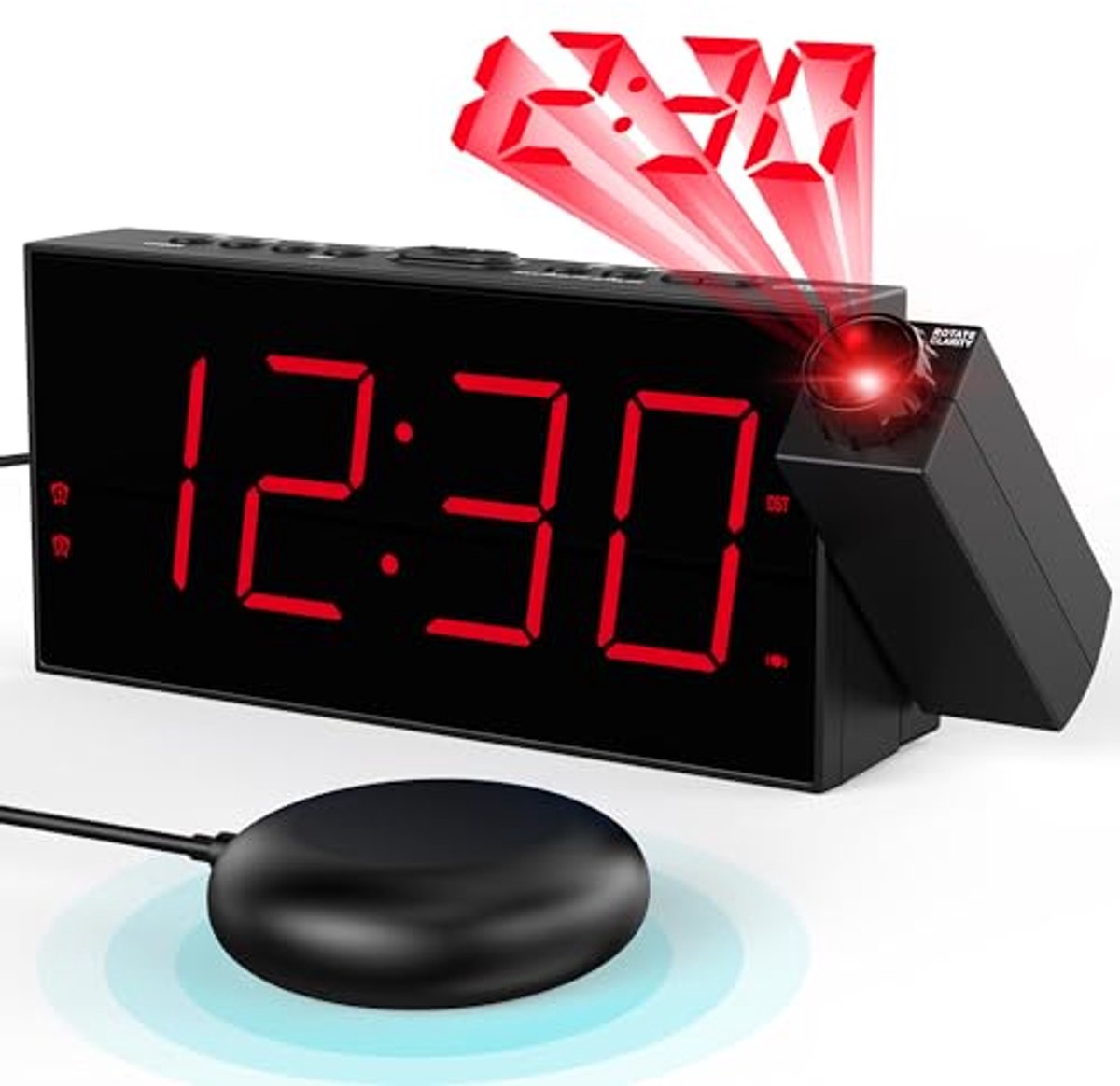 Vibrerende wekker met 180° projectie en USB oplaadpoorten