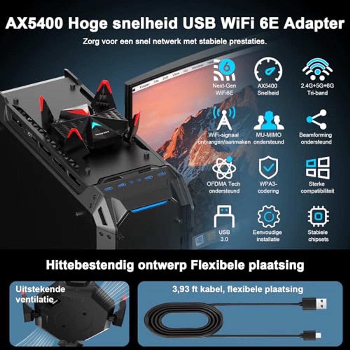 WiFi 6E USB Adapter voor PC – Snelle Tri-band WLAN Stick met 4 Antennes – Ondersteunt Windows 11/10