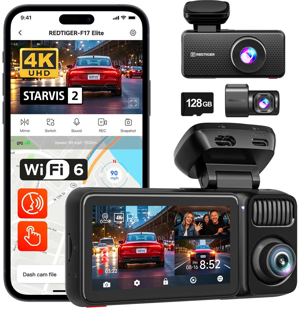 RedTiger F17 Elite 4K 128gb night vision dashcam - 4K + 2x Full HD resolutie met Sony Starvis 2 sensoren – Interieur camera - 128gb Micro SD kaart - 3,0 inch touchscreen Lcd - Wifi en Gps - Parkeerbewaking - G-sensor - Loop recording