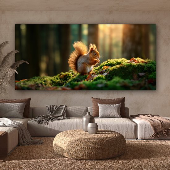 Tableau sur toile 200x100 cm - Décoration murale exclusive Écureuil - Noix - Herbe - Décoration murale salon - Décoration chambre - Accessoires chambre - Peintures sur toile