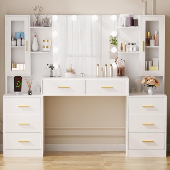 YITAHOME Make-uptafel met verstelbare ledverlichting en stopcontacten, make- uptafel met spiegel, kaptafel met gedeelde laden, transparant bureau, wit