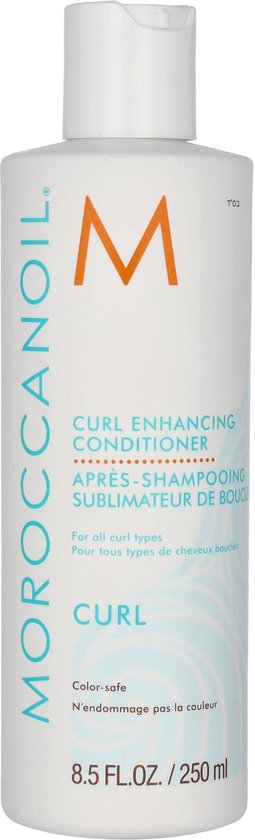 Witte Moroccanoil "Curl Enhancing Conditioner" fles met oranje M-logo. "Color-safe" staat in de tekst.