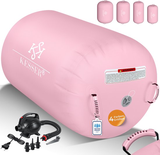 KESSER® Tapis de gymnastique gonflable Airtrack - Rouleau Air pour gymnastique et Gymnastique - Tapis de Fitness - Rouleau de ballon avec pompe à air électrique - Rose, 120 x 60 cm