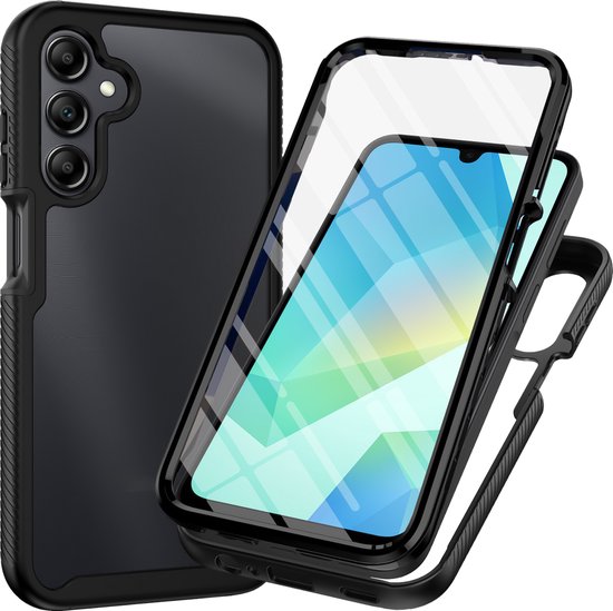 Een gedemonteerde Cazy 360 Defense case voor Samsung Galaxy A17. Zwart met transparante delen.