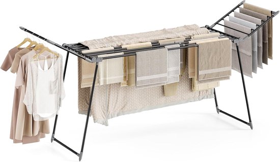 Meisterhome® – Uitschuifbaar Zwart Wasrek - Droogrek – Extra Groot & Inklapbaar Droogrek – 25 m Drooglengte – Stevig Carbonstaal – Tot 30 kg Wasgoed