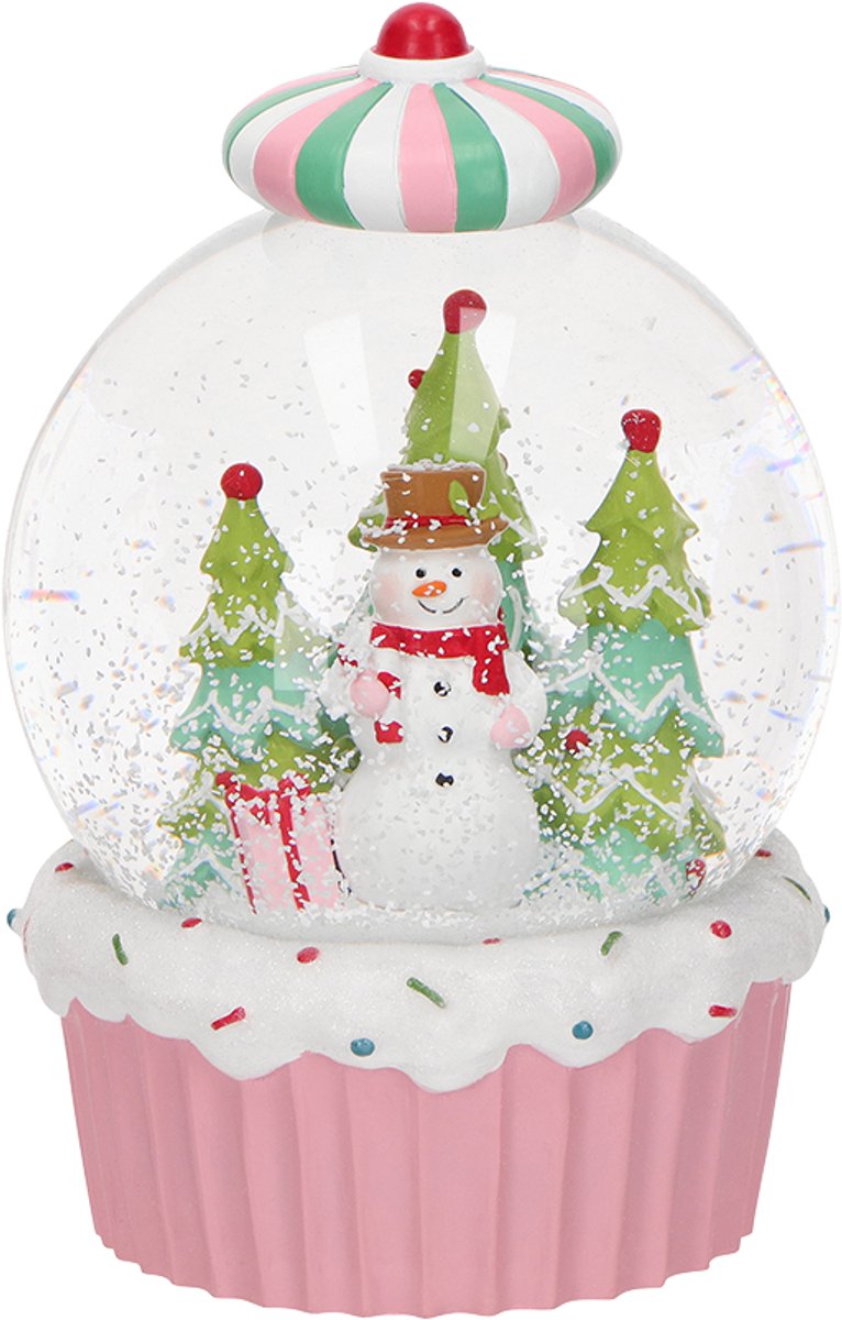 Viv! Christmas Kerst Sneeuwbol incl. Muziekdoos - Sneeuwpop in Cupcake - pastel roze - 19cm