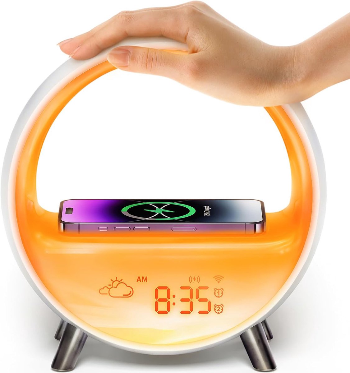 Wake-up Light met zonsopgang- en zonsondergang-simulatie, nachtlampje met 15W draadloos opladen, bediening via aanraking en app