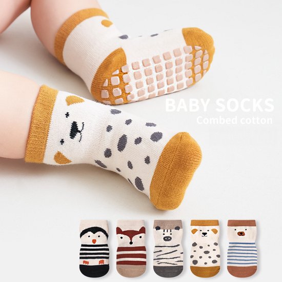 Lot de 5 chaussettes antidérapantes en ABS pour bébés et tout-petits, motif animal, en coton, de 1 à 3 ans