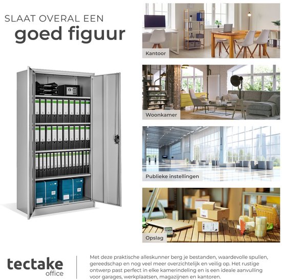 Grijze archiefkast met open deuren, vol met ordners, een kluisje en dozen. Rechts een collage van vier foto's van kantoren, woonkamers, publieke ruimtes en opslag.