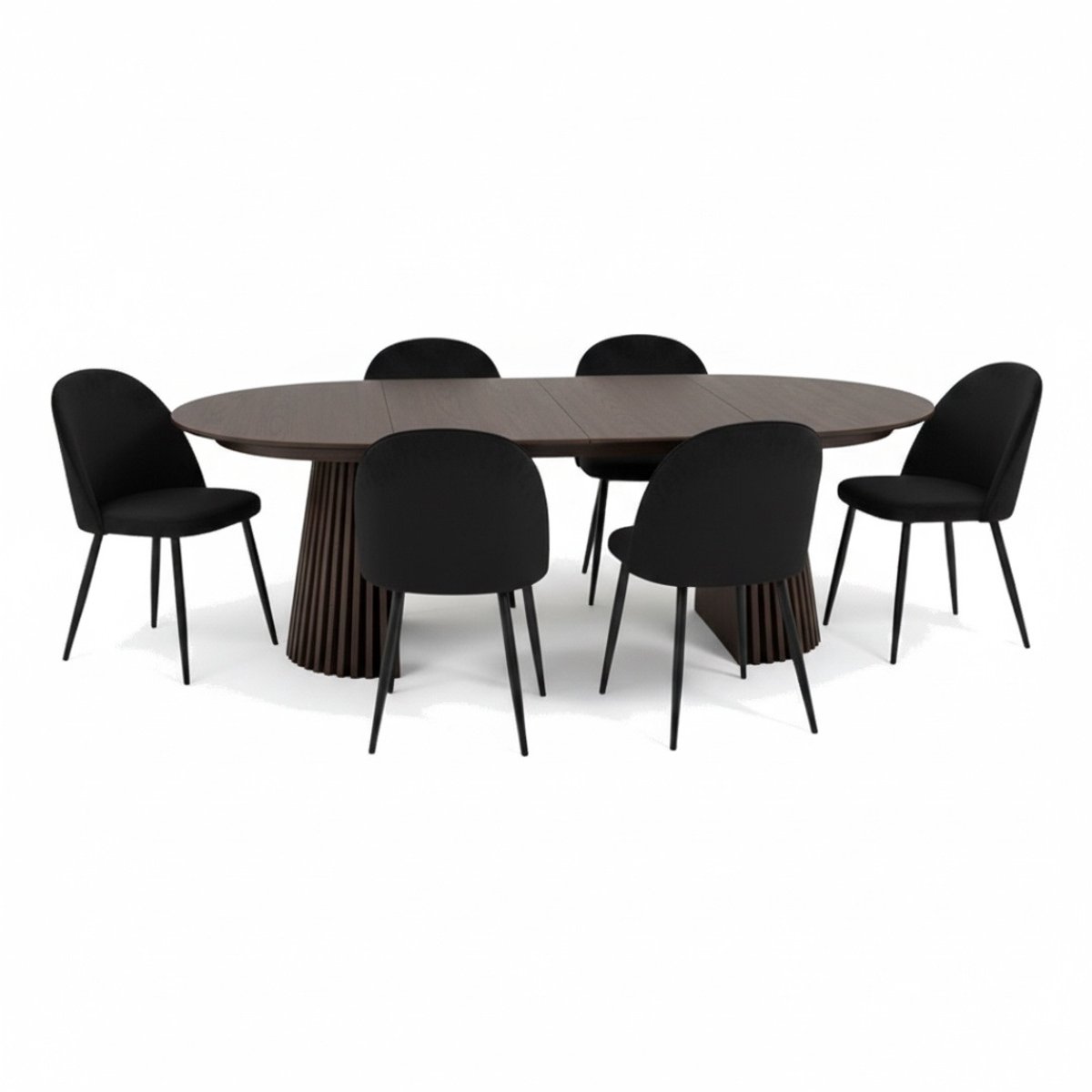 Tokyo eethoek eettafel smoked, 6 stoelen met zwarte velours bekleding.