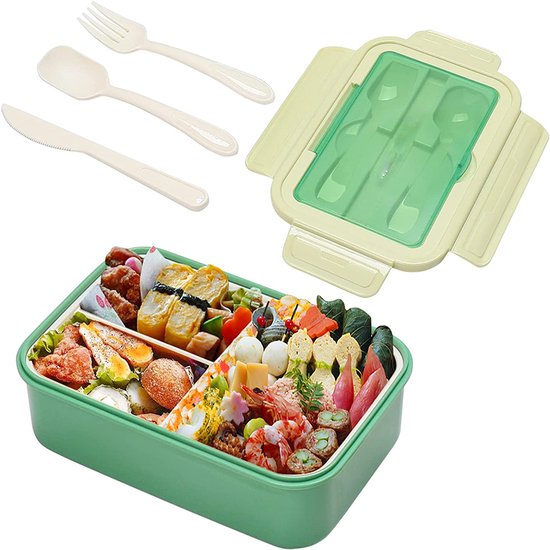 Boîtes repas JeiibrZui pour Adultes - Boîte à bento pour Enfants - Plastique de qualité alimentaire avec construction anti-fuite et compartiments fourchette/cuillère autonomes - 1 - Convient pour un usage quotidien Vert