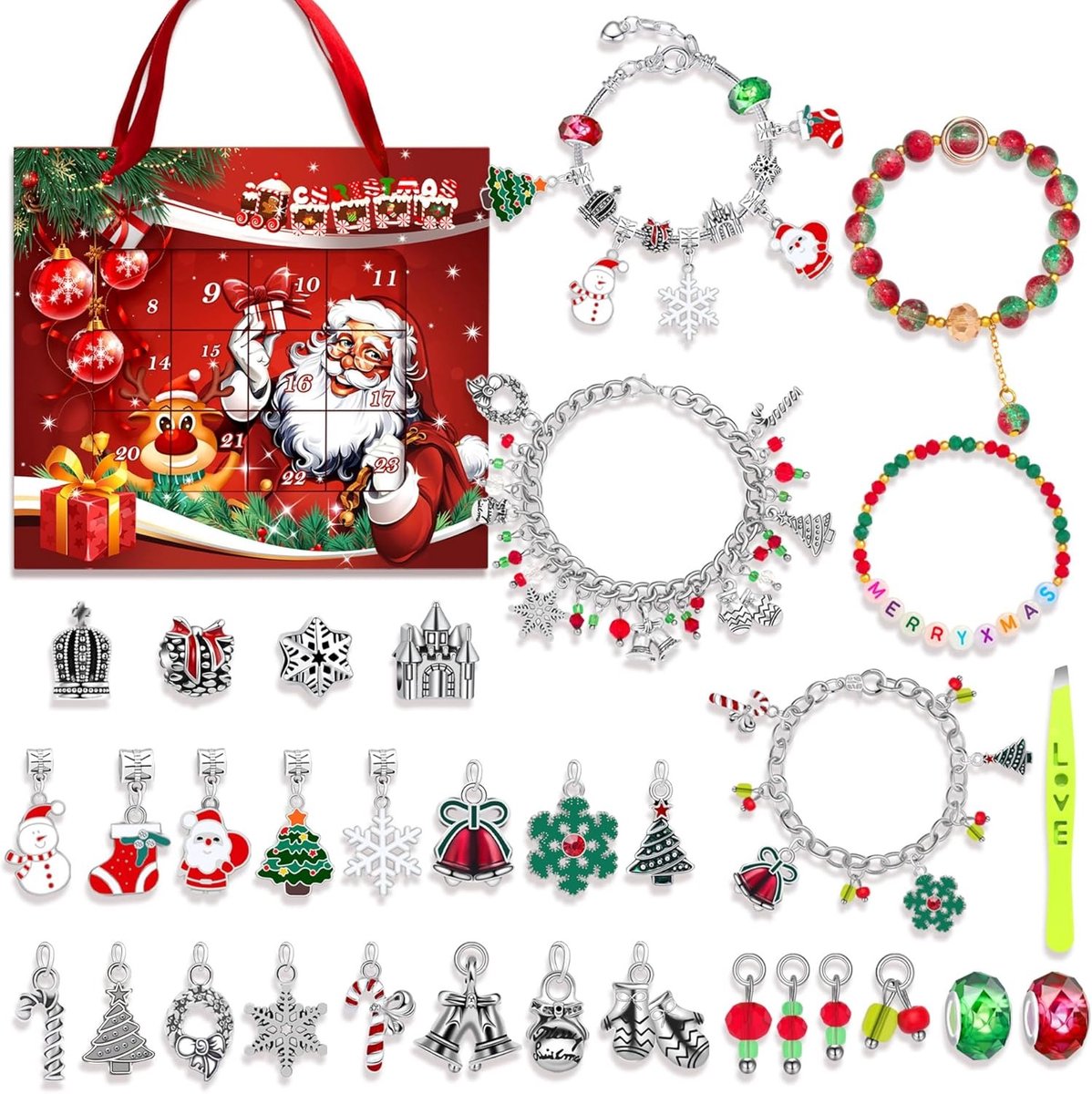 Kerstmis Meisjes Adventskalender 2025 Bedelarmbandjes Maken Kit voor Kinderen Kerst Aftelkalenders Cadeau-Kerstversiering-Geschikt voor speelgoed voor kinderen van 3, 4, 5, 6, 7 jaar