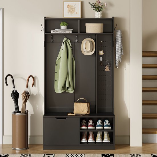 Sweiko Halmeubel - Ensemble porte-manteaux - Avec banc - 6 crochets - Rangement ouvert - Zwart