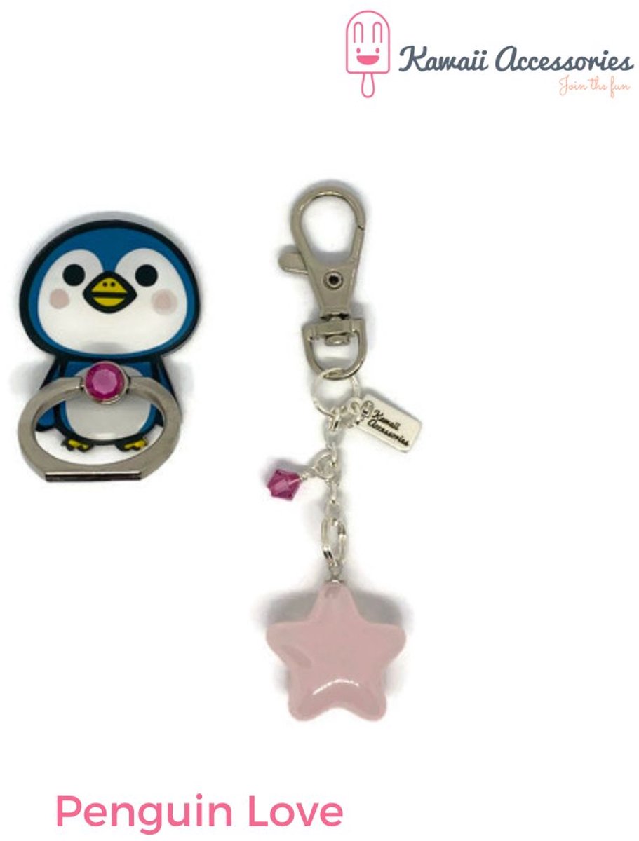 Kawaii Accessories by Kuroji - Penguin Love - Telefoonring met hanger - Swarovski elements - Kawaii style
