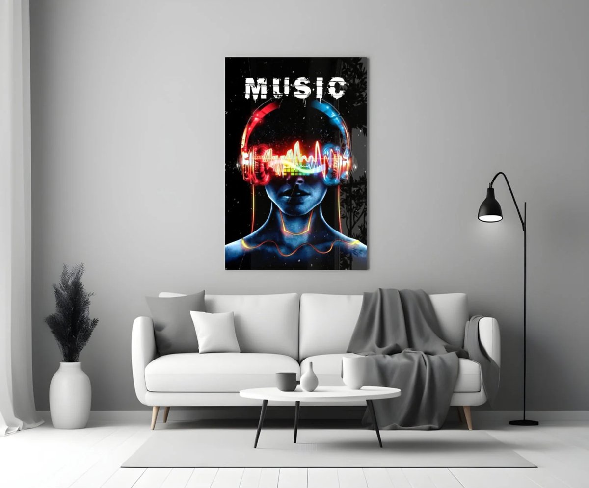 Glasschilderij – MUSIC – Neon Soundwave Kunst – Moderne Muziek Wanddecoratie - 110x70 cm